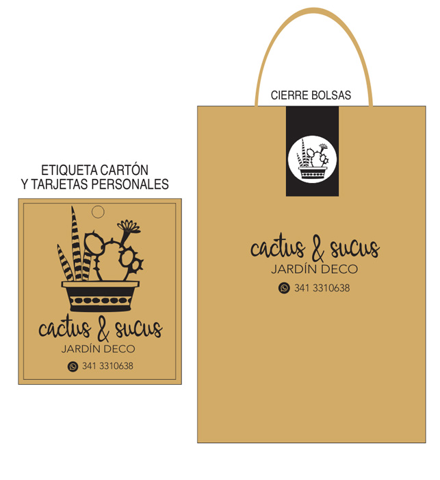 Etiqueta de cartón, tarjetas personales, bolsas, imagen corporativa para Catus & Sucus, Jardín & Deco por María Salas Diseño & Deco